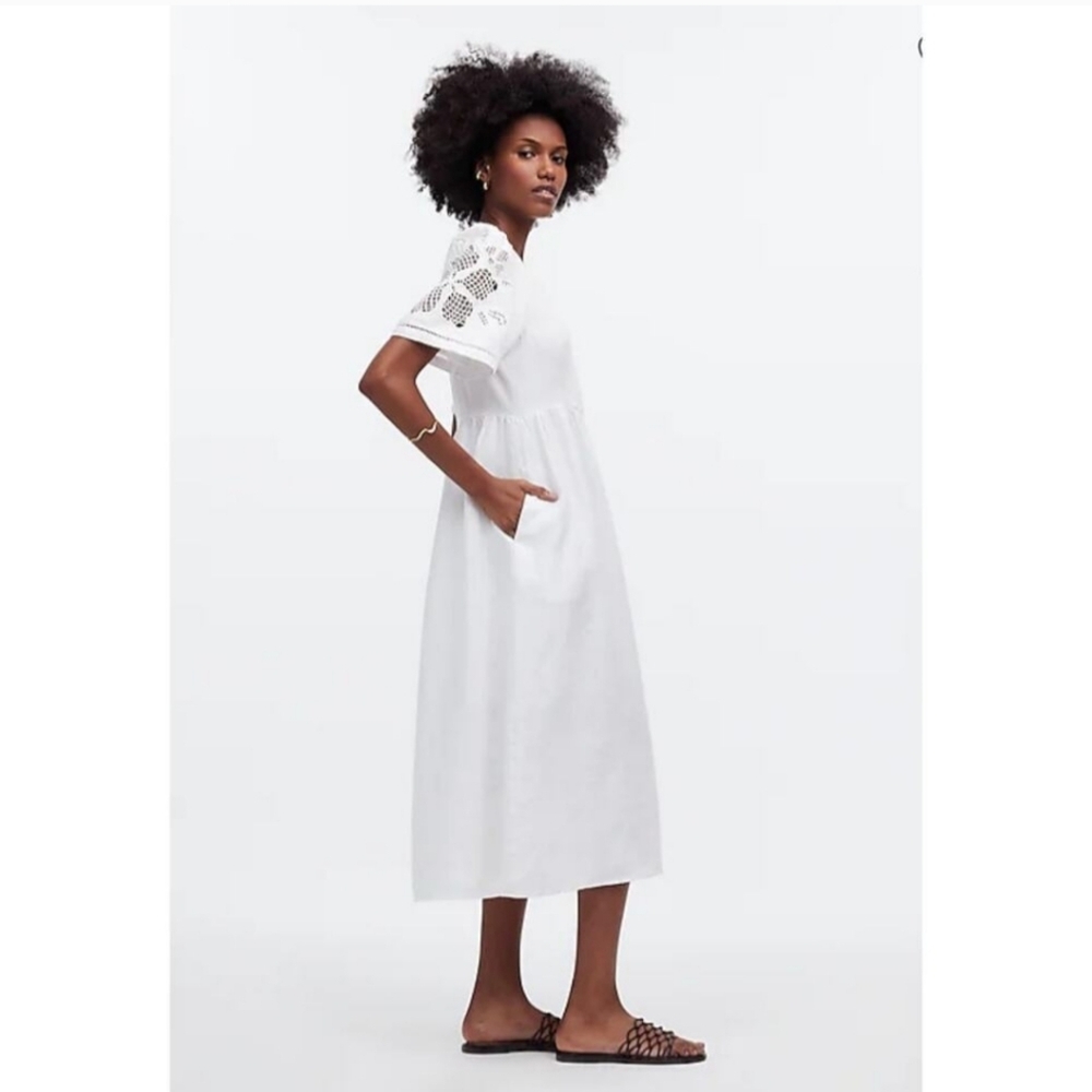 Madewell Cassie Button-Front Midi Dress in Embroidered Linen NWT S NQ631 White - Picture 2 of 10